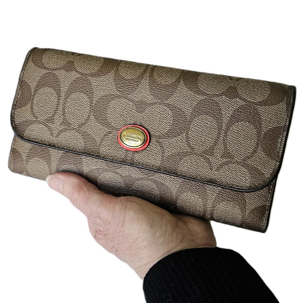 Coach Signature C Slim Envelope Checkbook Wallet Khaki Coral